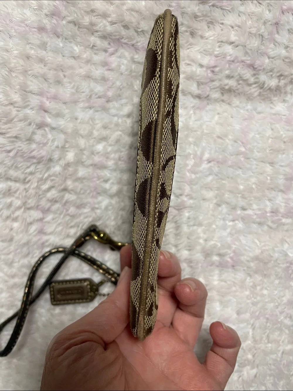 Coach Brown Signature Canvas Wristlet with Leather Tag